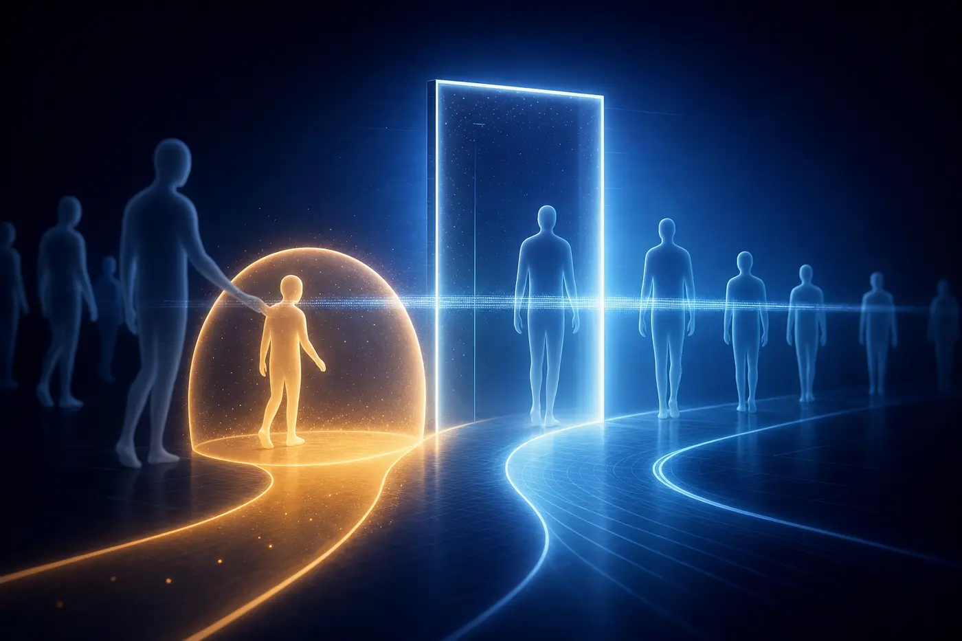 Illustration: featureless light-silhouettes at a glowing gateway, a scan-beam estimating them, a smaller figure guided into a protective dome
