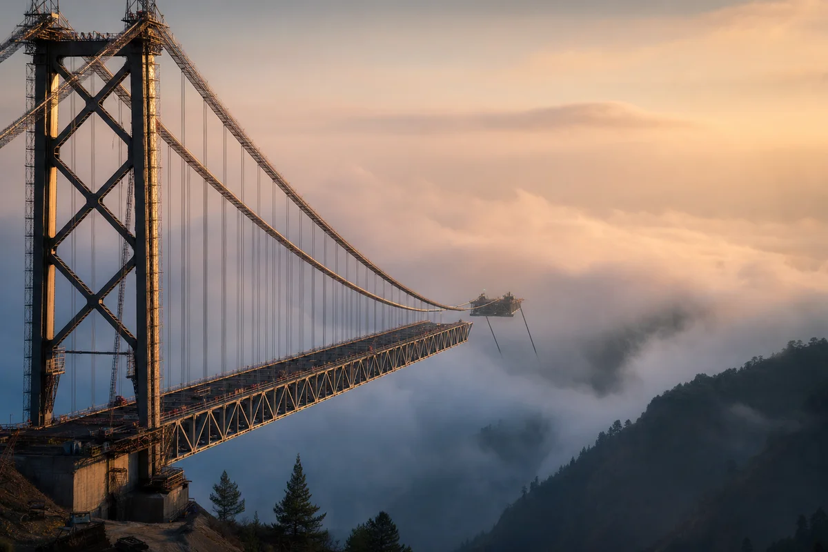 An unfinished steel suspension bridge extending over a fog-filled valley at golden hour, its far anchorage disappearing into mist so the span does not yet connect to the other side.