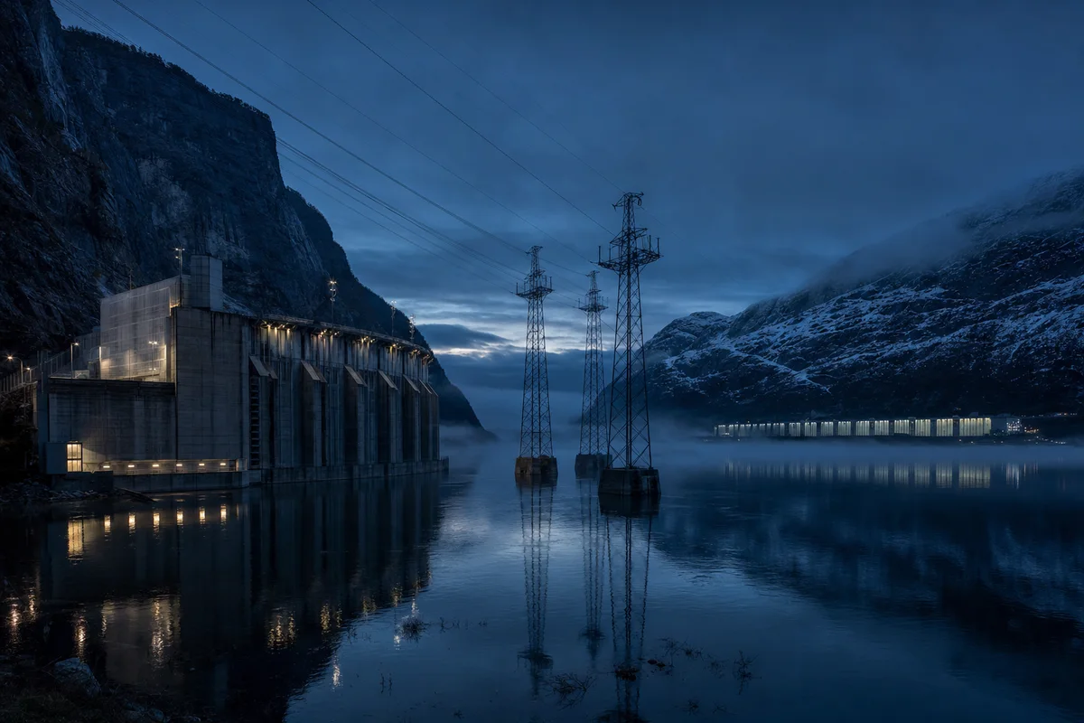 A hydroelectric dam and high-voltage pylons crossing a dark Norwegian fjord at dusk toward a low windowless data-center hall glowing faintly against a snow-dusted mountainside.