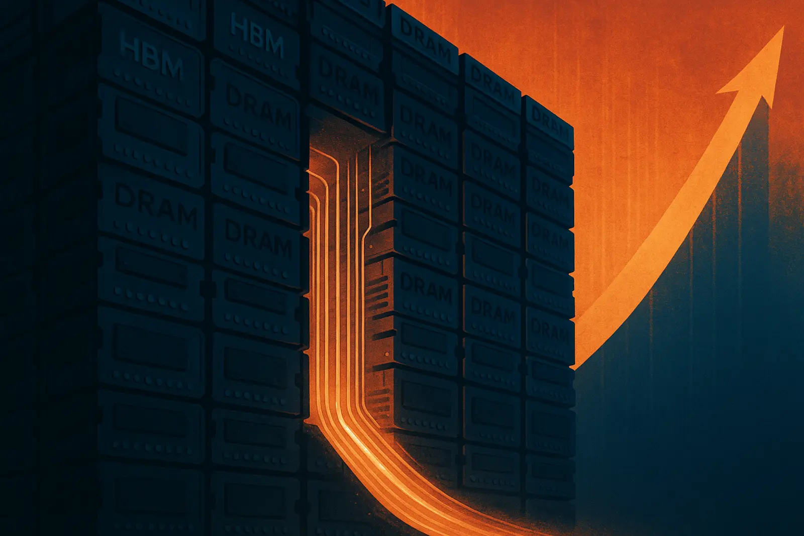 A towering wall built from stacked HBM and DRAM memory-chip modules, with glowing data straining through a single narrow bottleneck and a steep price ramp rising behind it.