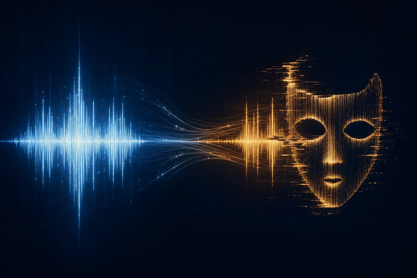 Illustration: a blue voice waveform being scraped and cloned into an amber waveform that morphs into a hollow deceptive mask