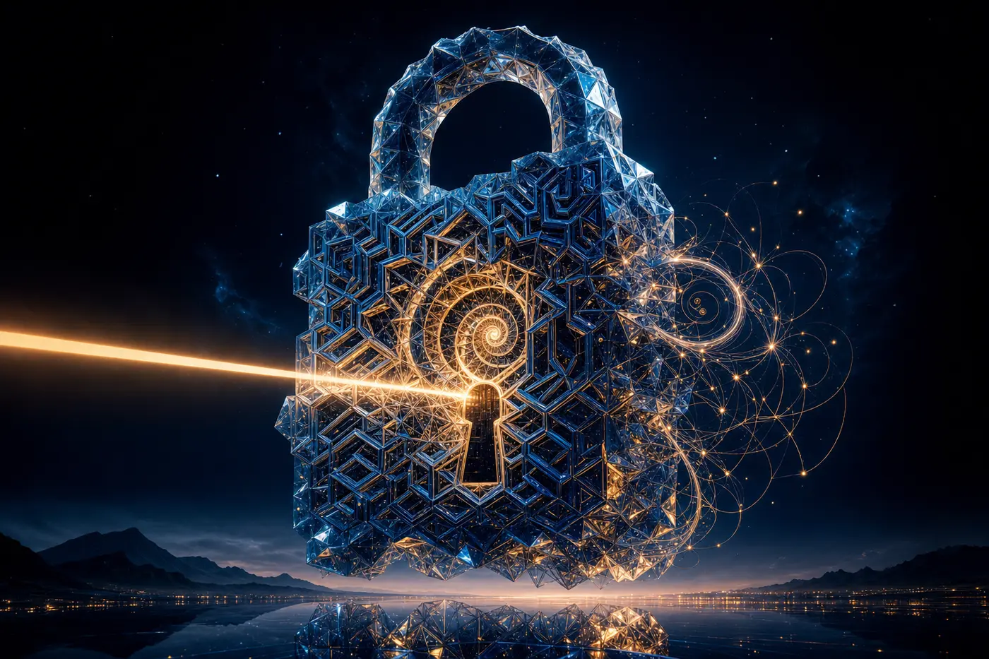 Illustration: a crystalline padlock of cipher lattices with a hidden spiral symmetry revealed by a beam of light