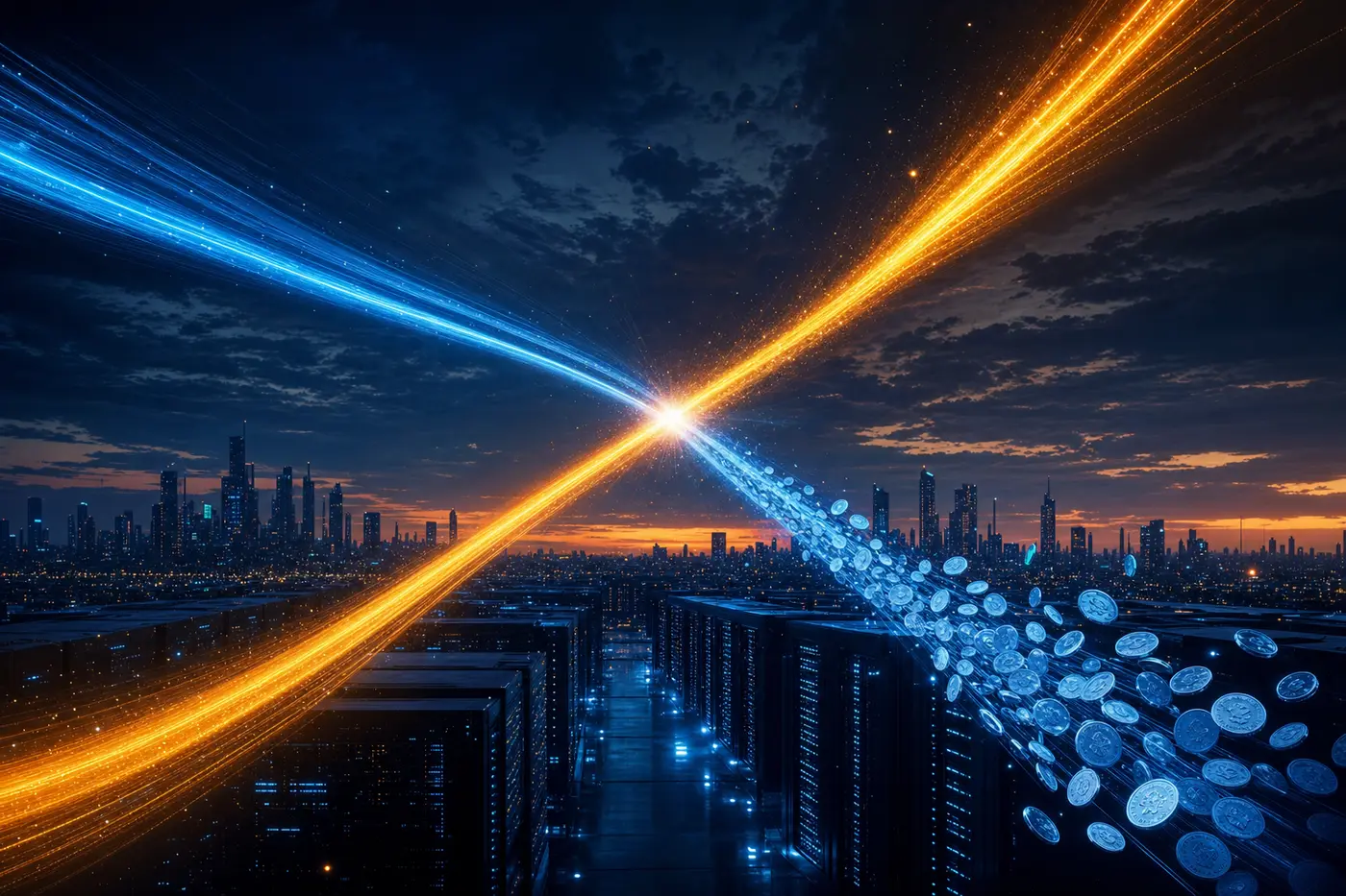 Illustration: an ascending curve of light crossing a descending curve of dissolving coins over a data-center skyline
