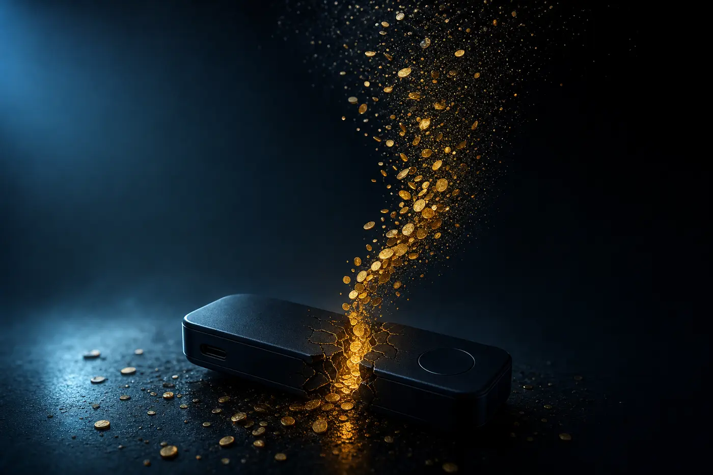 Illustration: a cracked matte-black hardware wallet with coins streaming out through a glowing fissure