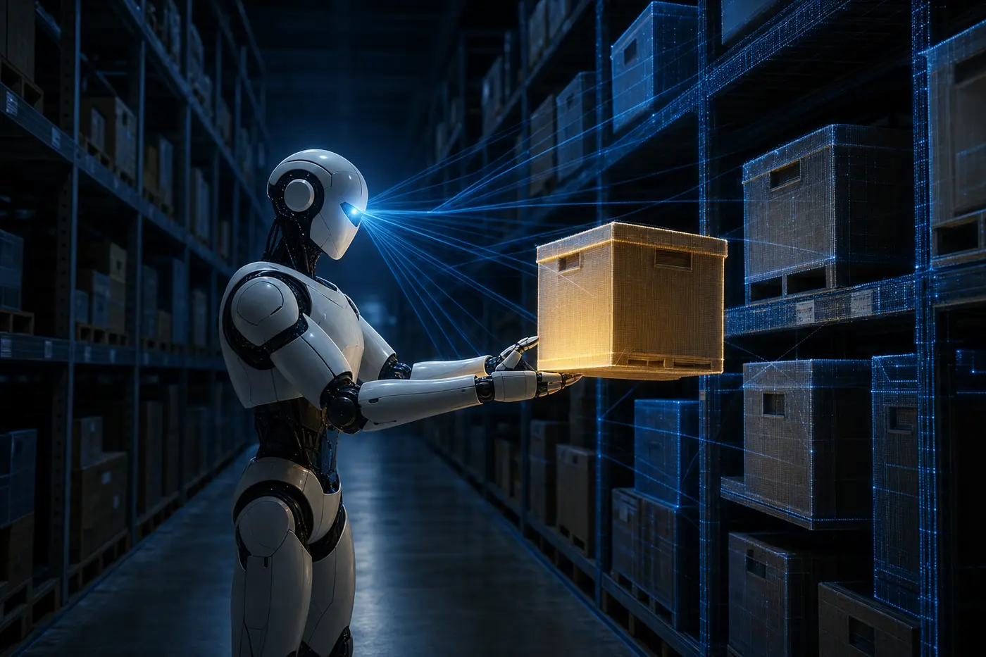 Illustration: a generic humanoid robot in a warehouse aisle, scan-lines from its head parsing a shelf, one box highlighted in amber