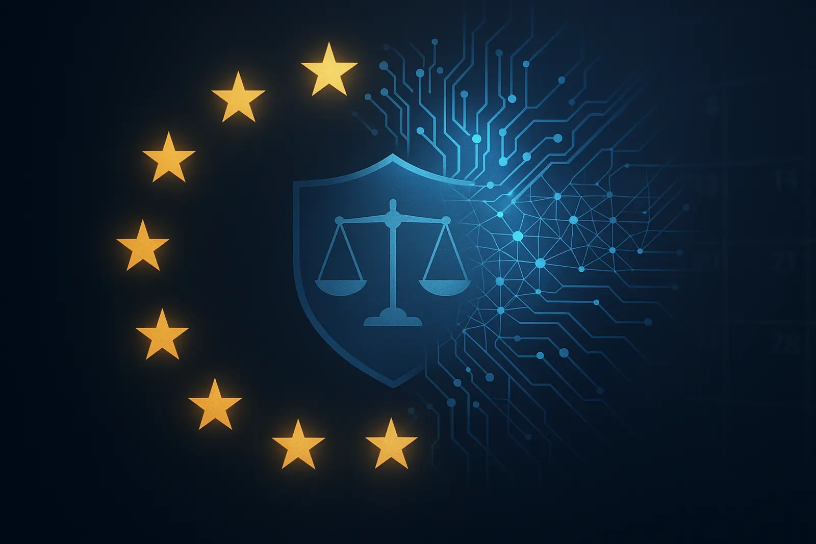 A ring of golden European Union stars dissolving into a blue circuit board and neural-network lattice, with a translucent regulatory shield and balance scale at the centre.