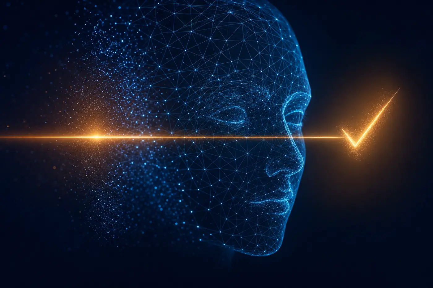 Illustration: a wireframe human face dissolving into particles, crossed by an amber scan-line resolving into a checkmark