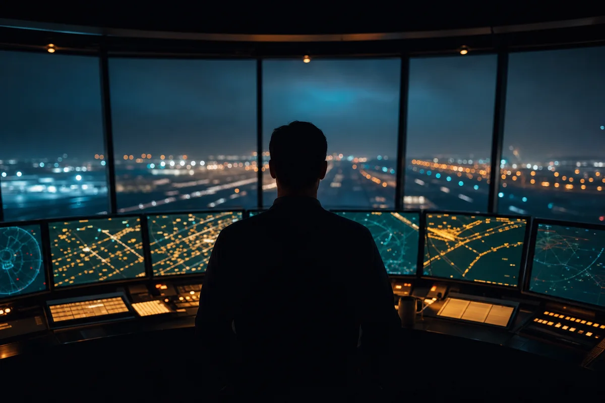 A lone air-traffic controller silhouetted before a sweeping curved wall of glowing radar screens in a dark control tower at night, calmly directing many moving objects at once.
