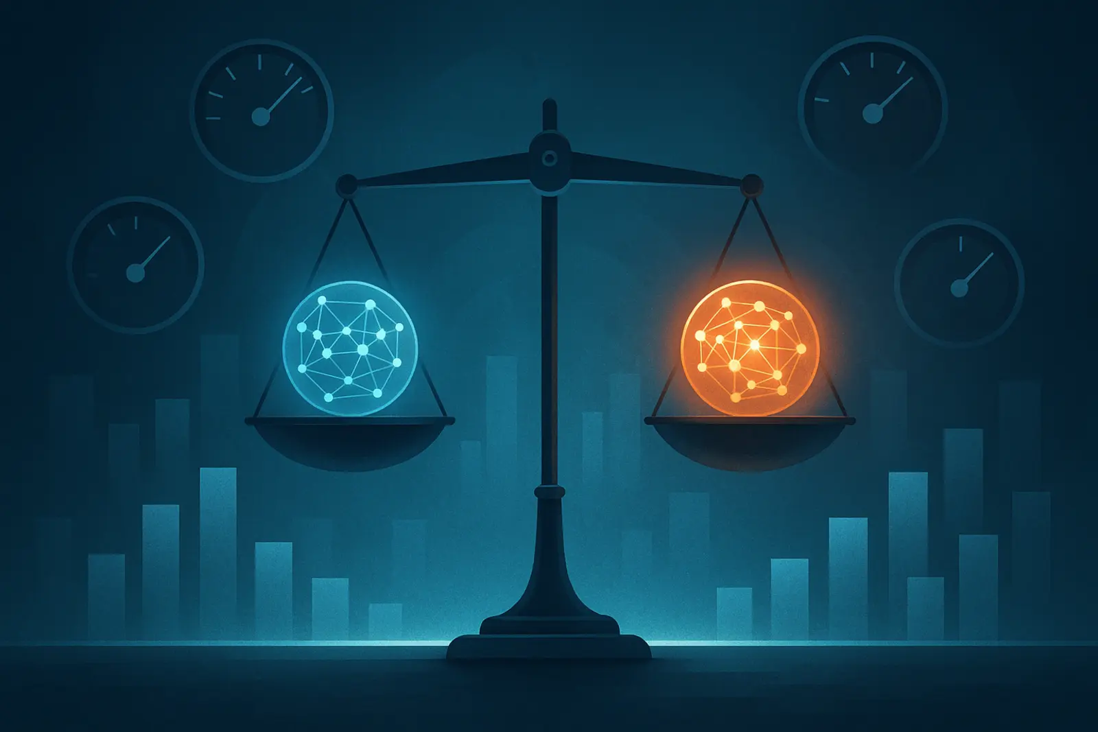 A precise balance scale weighing two glowing spherical model cores against each other, surrounded by floating measurement gauges and abstract benchmark blocks, with a frontier horizon line behind.