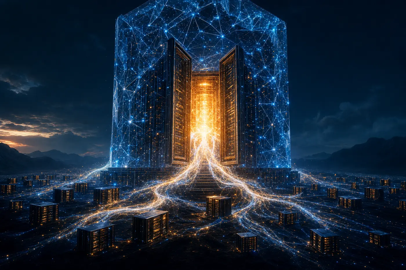 Illustration: a colossal neural-network vault opening, streaming data out to rows of small servers