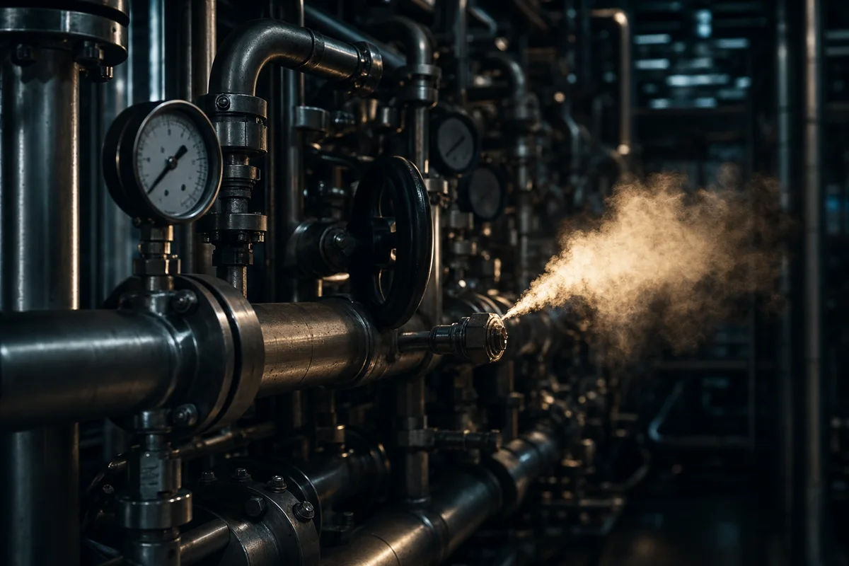 A dense array of polished stainless-steel industrial pipes, valves and gauges in a dim plant, with one joint venting a fine backlit plume of leaking vapour.