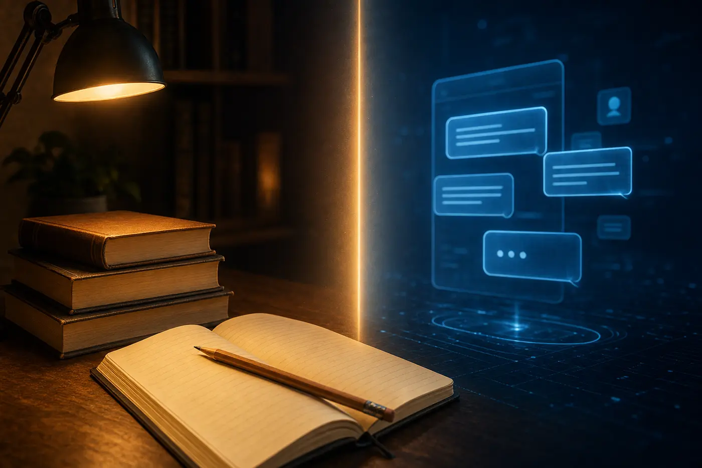 Illustration: a warmly-lit pencil, open notebook and printed books in the foreground; a cool-blue AI chat interface held back behind a line of light