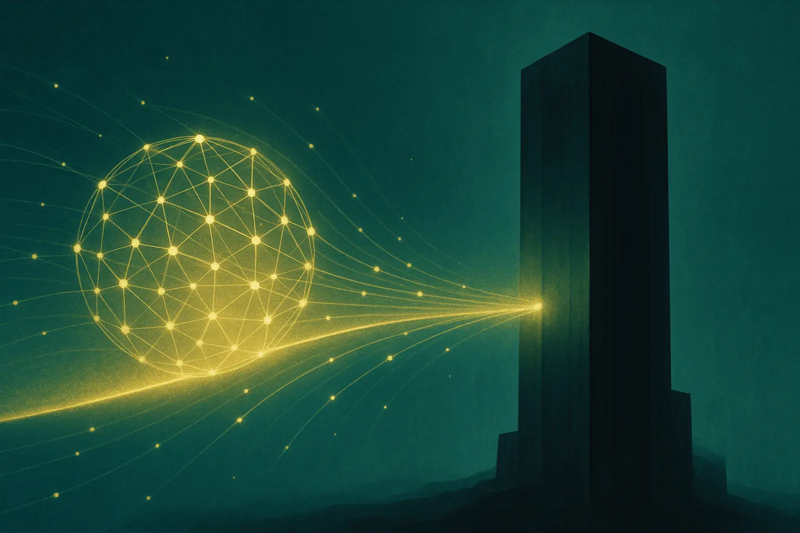 A bright open glowing neural-network sphere radiating freely distributed light nodes that stream across a luminous frontier line toward a closed dark monolithic proprietary tower.
