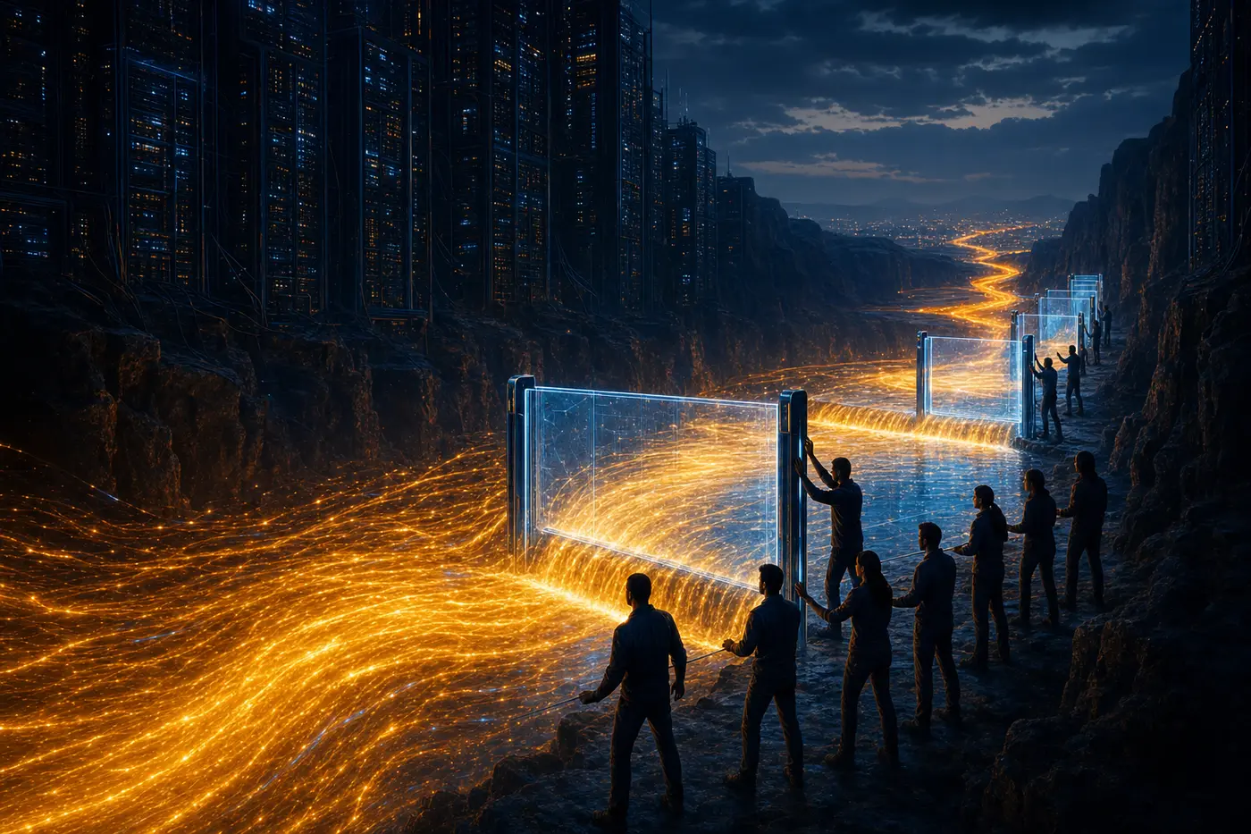 Illustration: human figures raising translucent lock-gates to pace a torrent of light through a canyon of servers