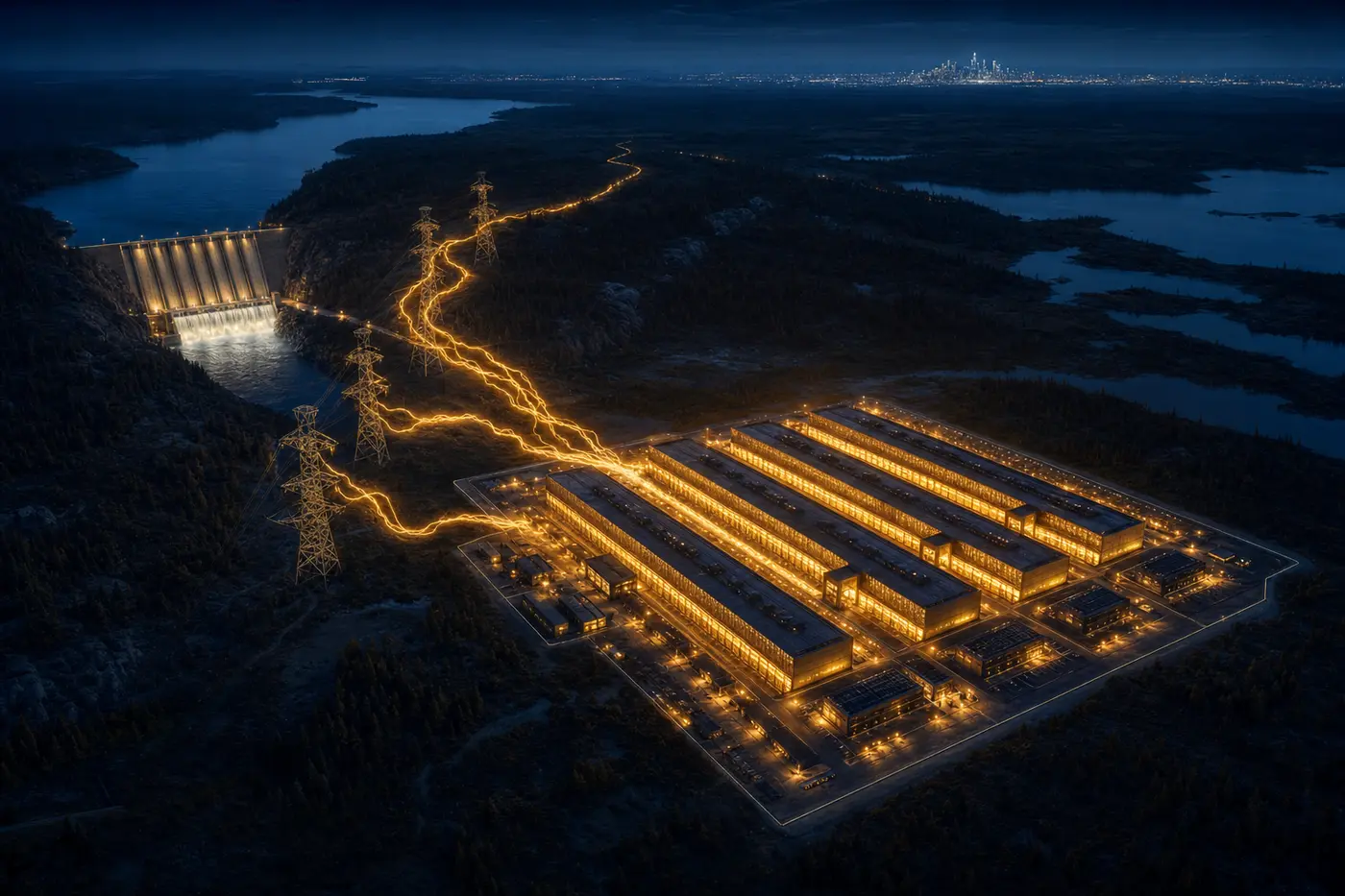 Illustration: a vast glowing data center in a remote northern landscape, fed by luminous power lines from a hydroelectric dam, a faint city on the horizon