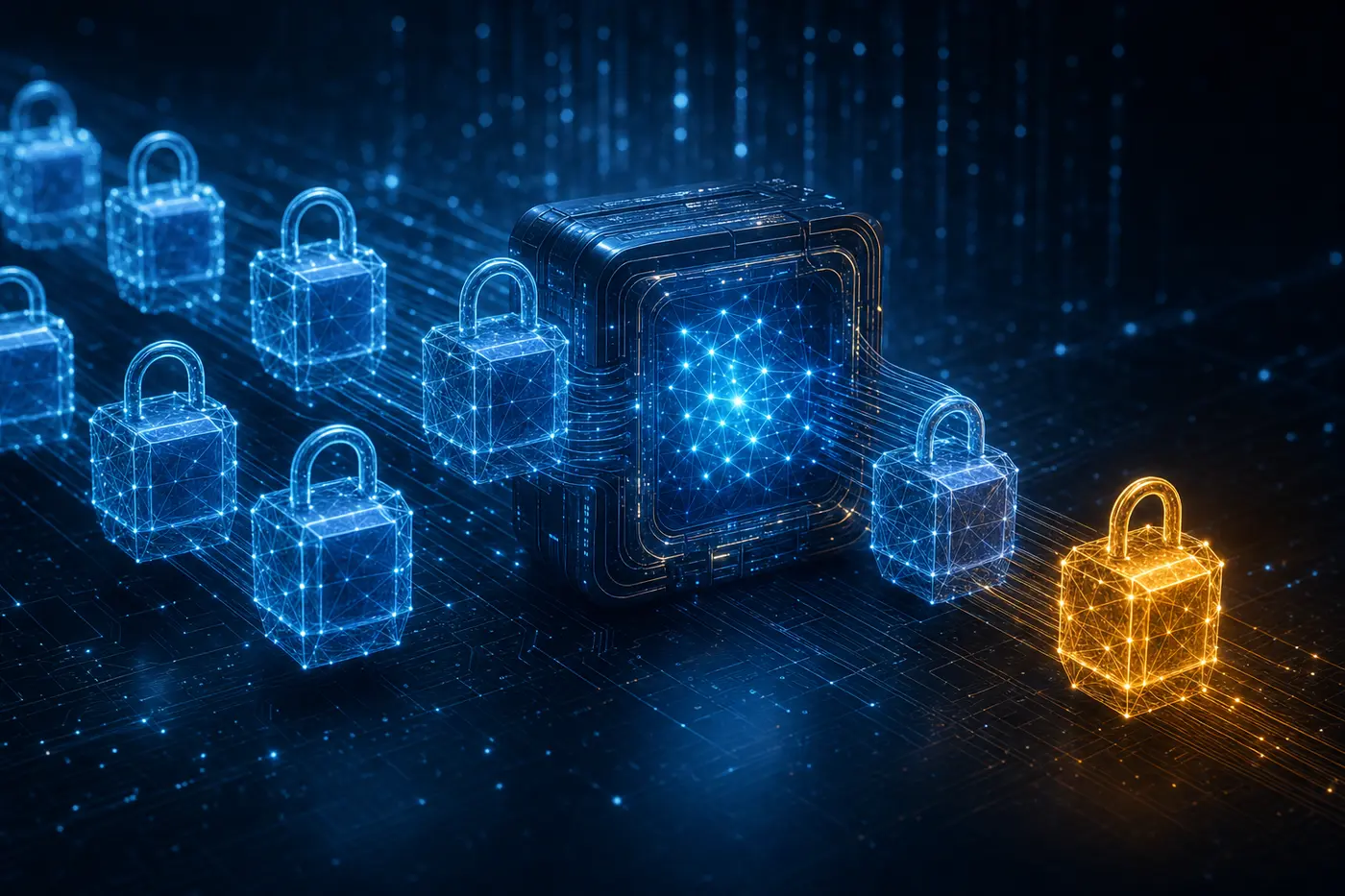 Illustration: padlock-sealed data cubes passing through a neural processor and emerging still sealed, one output glowing amber