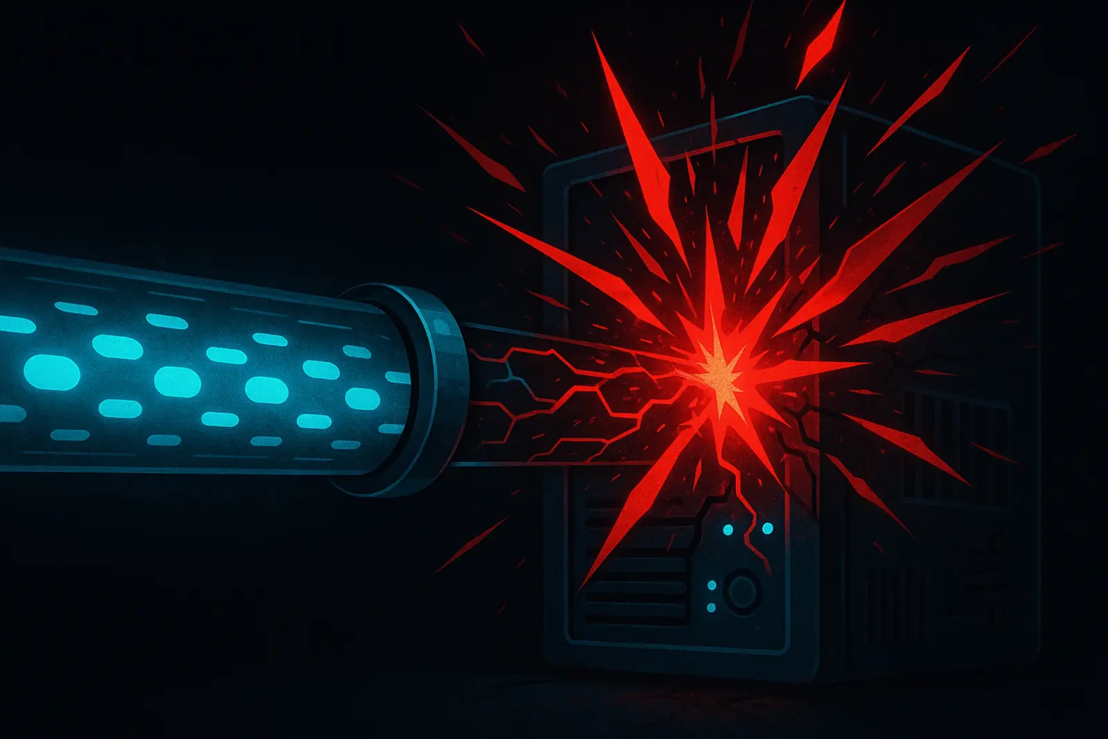 A clean stream of blue data tokens flowing through a pipeline into a server, where one node fractures and erupts into jagged red executable shards corrupting the host.