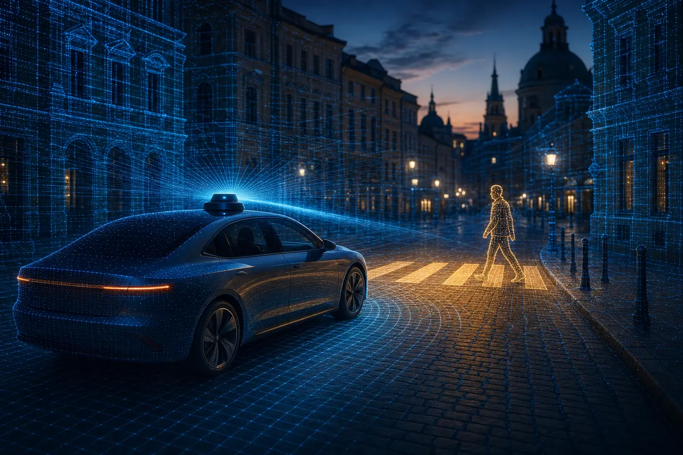 Illustration: a driverless taxi with a roof sensor dome on a European old-town street, lidar point-cloud sweeping a pedestrian at a crossing
