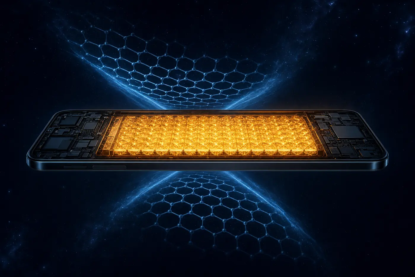 Illustration: a slim phone cross-section revealing a glowing dense battery core surrounded by a blue silicon-carbon hexagonal lattice
