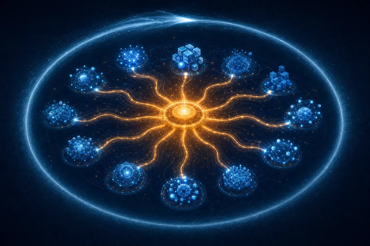 Illustration: a central amber routing hub fanning light-streams out to a dozen distinct blue AI-model nodes, enclosed by a forming ring