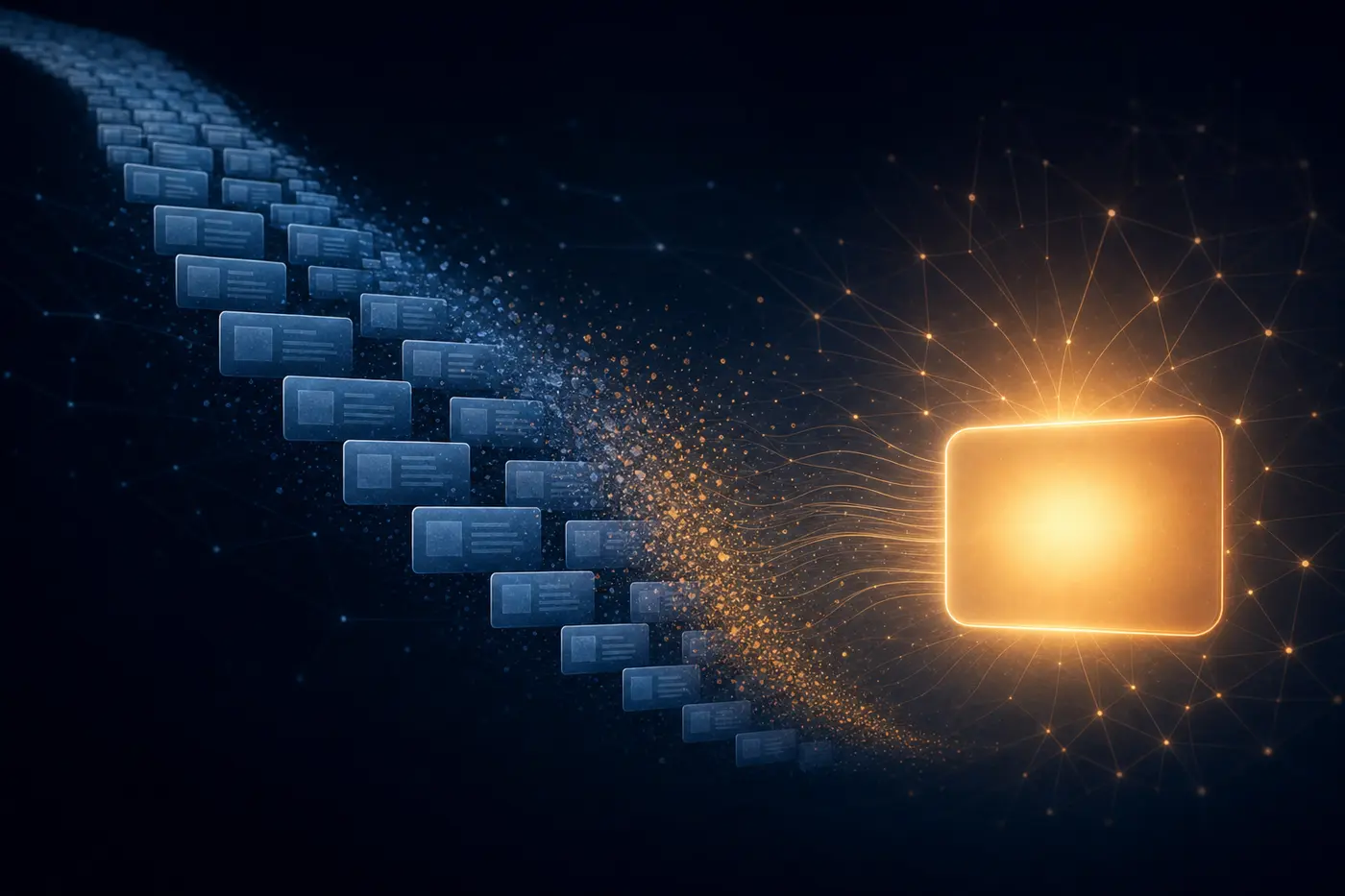 Illustration: a cascade of blue link-cards dissolving into particles and being absorbed into a single glowing amber answer panel