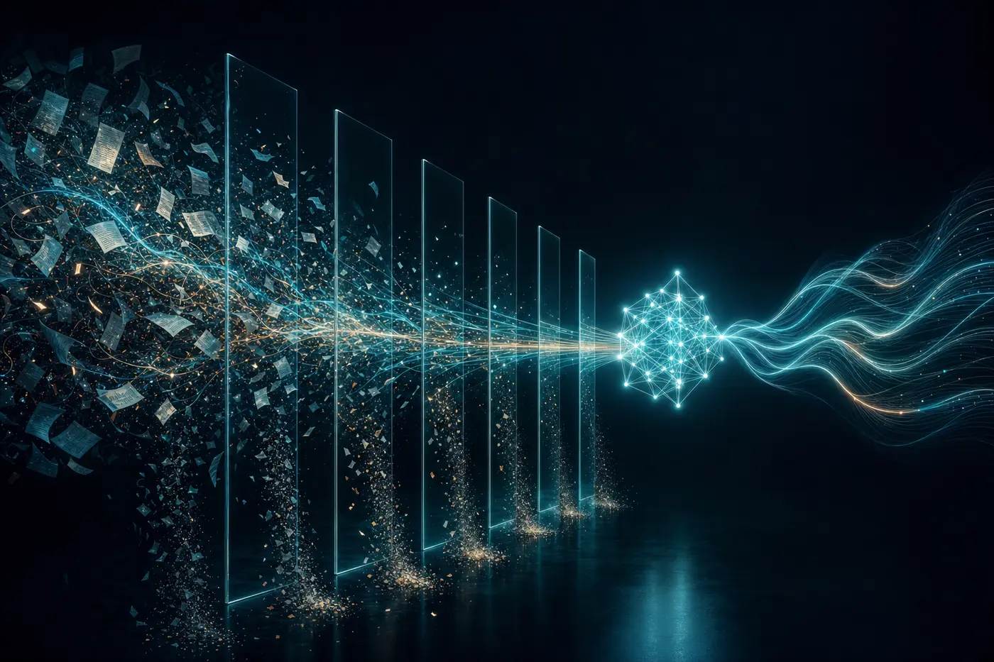 Illustration: streams of raw text passing through translucent layers, condensing into a luminous crystalline lattice and unfolding back into flowing ribbons of language