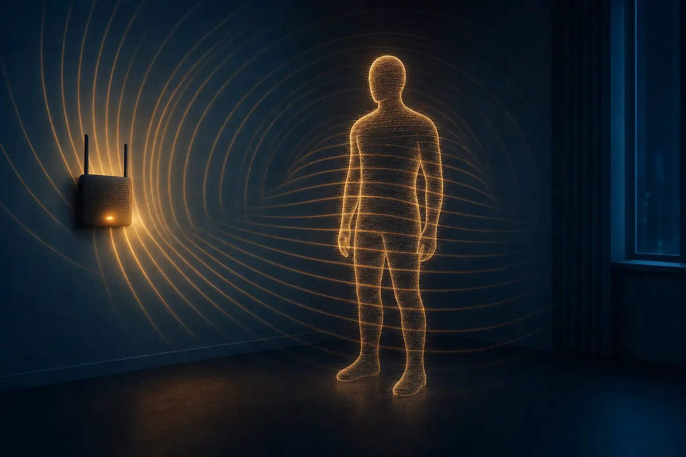 Illustration: a faceless human silhouette outlined by amber radio waves from a wall-mounted WiFi router in a dark room